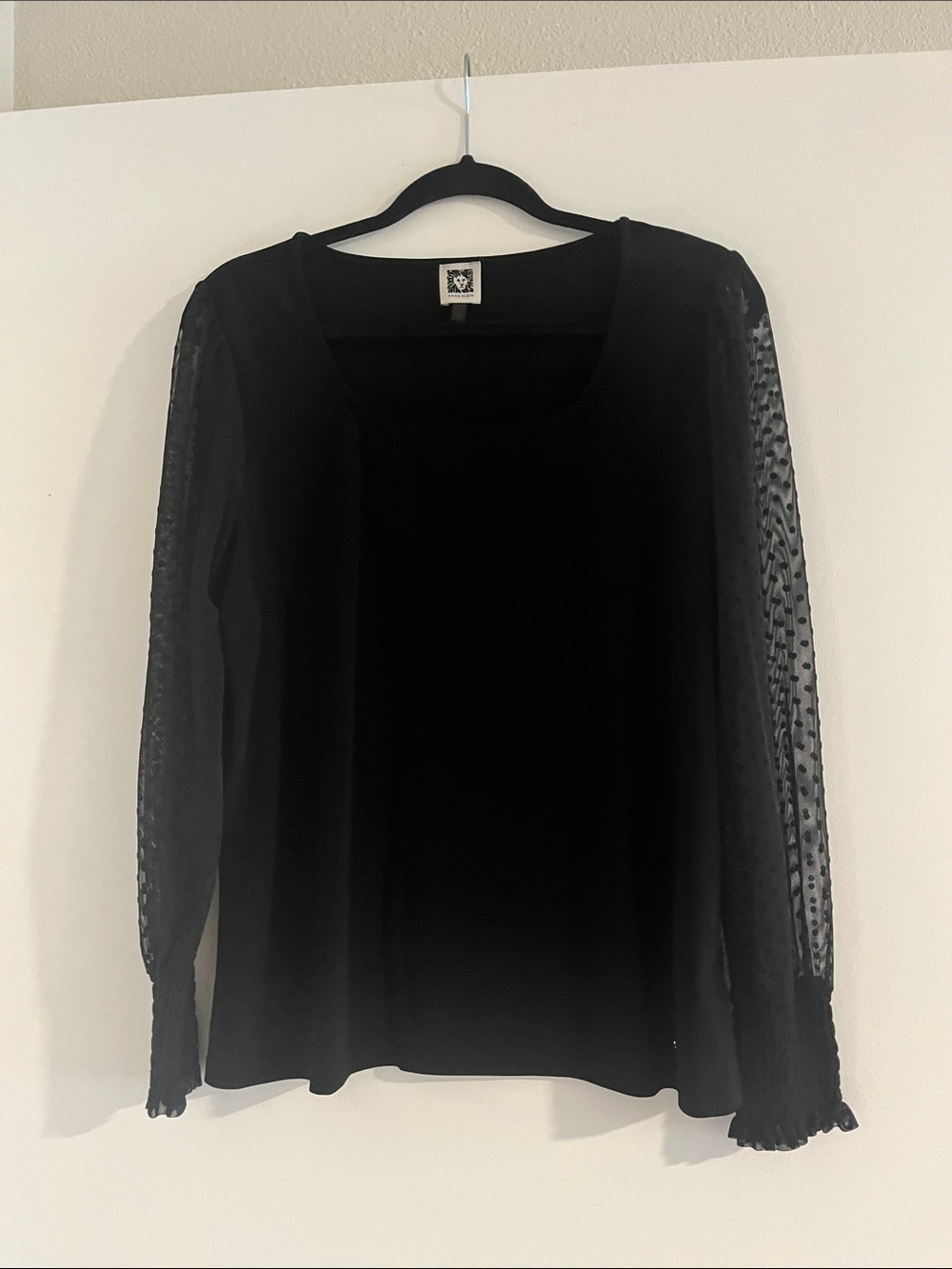 Anne Klein Black Long Sleeve Sheer Dot Blouse